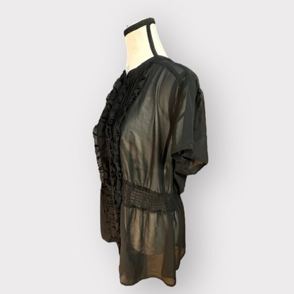 Women’s Retro Torrid 1 Black Sheer Ruffle Button Down Banded Waist Top 1X 1XL - Picture 3 of 10